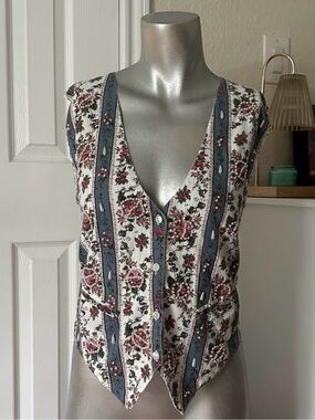 Vintage Fashion Passport Pink & Blue Floral Print Striped Beaded Women’s Vest